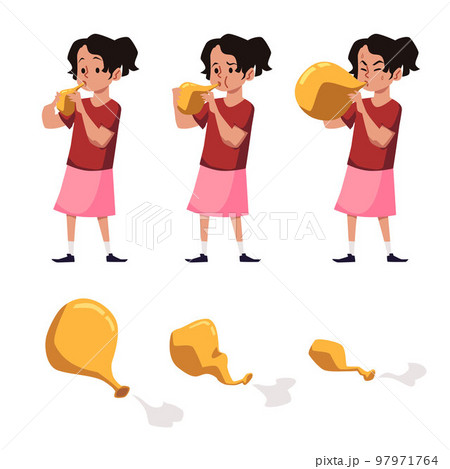 Child inflating rubber balloon with air, flat vector illustration isolated on white background. 97971764