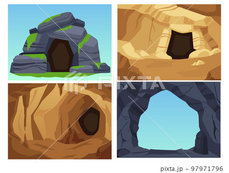 Cave rocky landscape backdrops collection of banners, flat vector illustration. 97971796