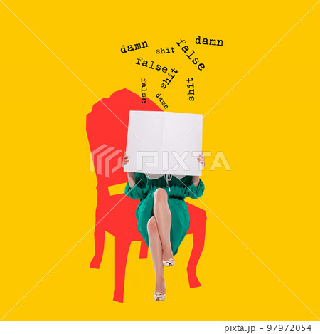 Contemporary art collage. Conceptual creative design. Young woman sitting and reading press, false information, fakes, rumors Contemporary art collage. Conceptual creative design. Young woman sitting and reading press, false information, fakes, rumors 97972054