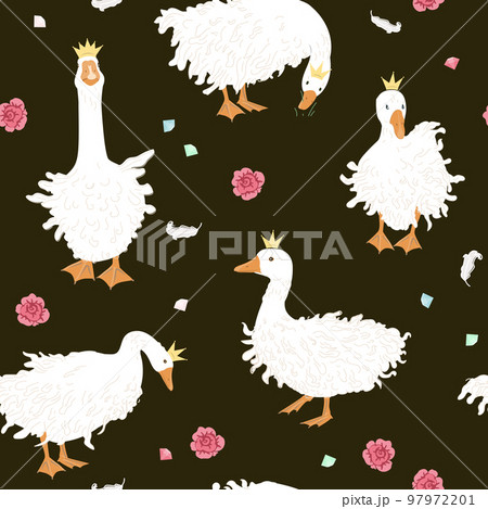 Cute seamless pattern with Sebastopol goose in crowns, diamonds, and rose flowers. Royal Geese fantasy background. Vector illustration. 97972201