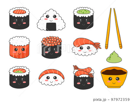 Sushi set in kawaii style. Cute Japanese sushi with a smile. vector illustration. cartoon style. Sushi restaurant logo. Collection Funny sushi character. Sushi set in kawaii style. Cute Japanese sushi with a smile. vector illustration. cartoon style. Sushi restaurant logo. Collection Funny sushi character. 97972359