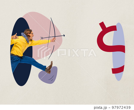 Contemporary art collage. Young office clerk shoots a drawn bow at a target. Concept of motivation, goals, money, finance, investment and achievement. 97972439