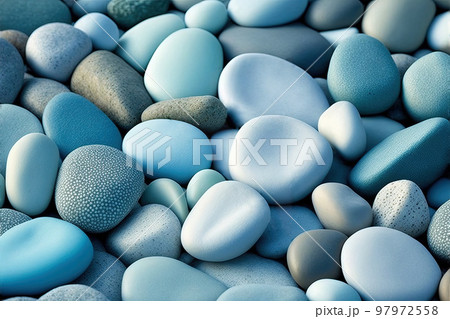 Blue rounded sea pebbles. 3D textured stones ocean bank surface. Summer travel holiday background. Round beach soft stones illustration 97972558