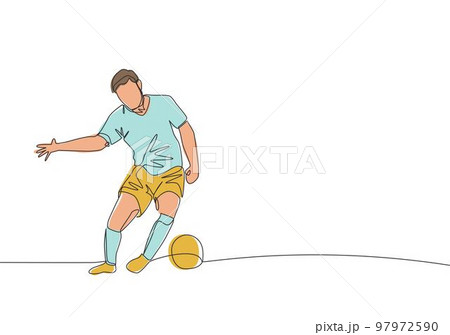 One single line drawing of young strong football defender block the ball and control it avoiding opponents. Soccer match sports concept. Continuous line draw design vector illustration 97972590