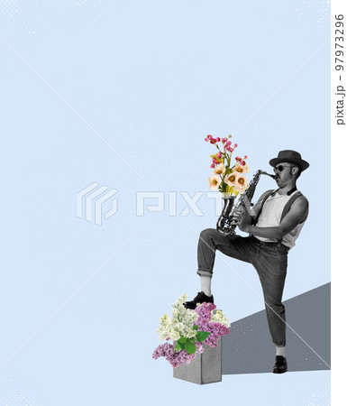 Floral melody. Emotional male musician playing saxophone with sticking out flowers over light background. Concept of music, love, spring, feelings. 97973296