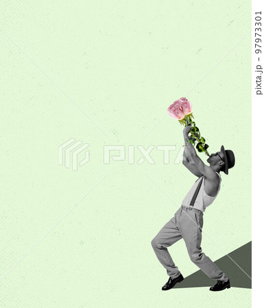 Creative artwork with male musician wearing vintage style clothes playing trumpet made of flowers over light background. Concept of music, love, spring, feelings. 97973301