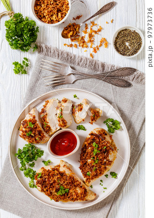 chicken breasts with crunchy fried onion coating chicken breasts with crunchy fried onion coating 97973736