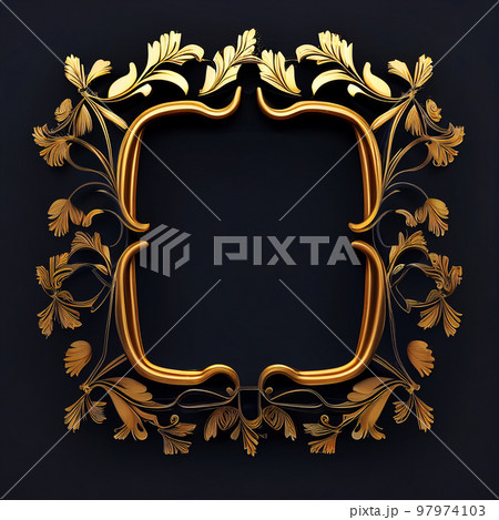 Golden ornamental frame on black bakcground. Retro golden frame with vintage ornament. Generative AI. 97974103