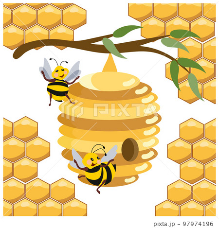 A beehive on a branch and funny bees on the background of honeycombs. Illustration, print, vector A beehive on a branch and funny bees on the background of honeycombs. Illustration, print, vector 97974196