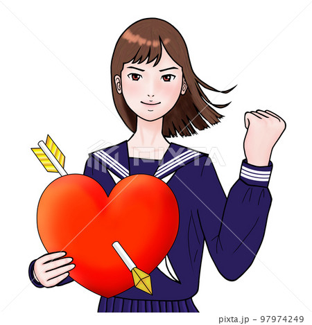 バレンタインに矢ハートを持ちガッツポーズの女子高生 97974249