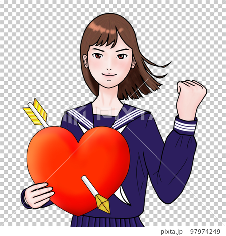 バレンタインに矢ハートを持ちガッツポーズの女子高生 97974249
