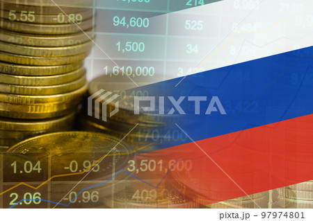Stock market investment trading financial, coin and Russia flag or Forex for analyze profit finance business trend data background. 97974801