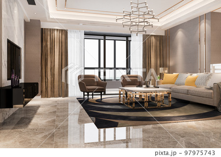 3d rendering luxury and modern living room with leather sofa and lamp 97975743