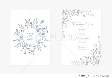 Wedding Invitation cards. Light blue Watercolor style collection design, invitation and menu template. 97975856