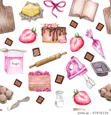 Seamless pattern with cute hand drawn dessert, tea and baking theme doodle elements. watercolor pink background. For wrapping paper, textile, print, advertising, fabric, wallpaper, web 97976239