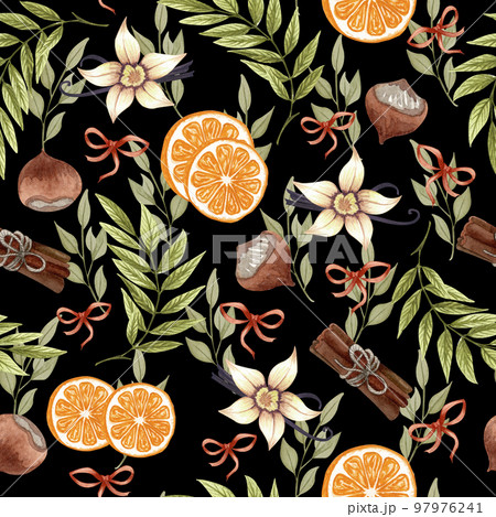 Seamless pattern with cute hand drawn dessert, tea and baking theme doodle elements. watercolor pink background. For wrapping paper, textile, print, advertising, fabric, wallpaper, web 97976241