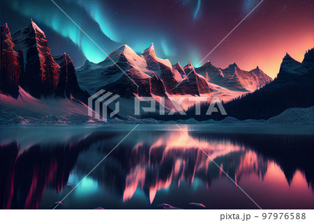 Landscape of snowy mountains with a frozen lake and northern lights in the sky 97976588