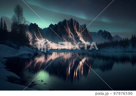 Landscape of snowy mountains with a frozen lake and northern lights in the sky 97976590