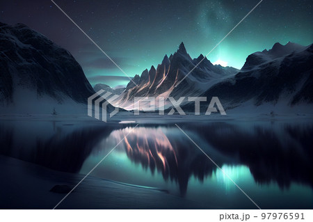 Landscape of snowy mountains with a frozen lake and northern lights in the sky 97976591