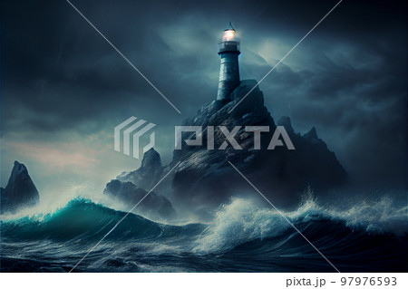The lighthouse stands on a rock around the storm and the night The lighthouse stands on a rock around the storm and the night 97976593