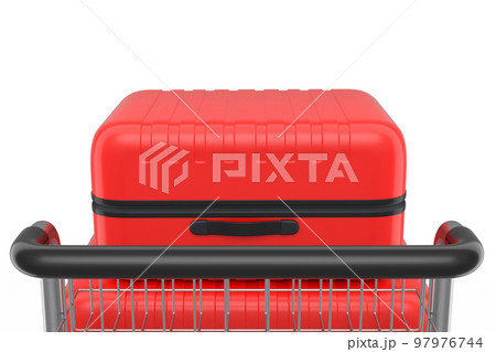Regular suitcase on hotel trolley cart for carrying baggage on white background 97976744