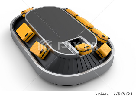 Airport luggage conveyor belt or baggage claim area with suitcases on white. 97976752