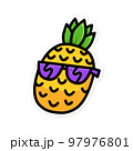 Happy Smiling Pineapple in Sunglasses Cartoon Line Art Style Illustration. 97976801