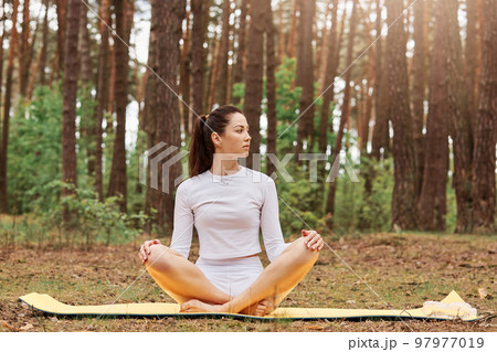 Young attractive female with dark hair looking away while meditation in open air, girl sitting in lotus pose with crossed legs on mat, enjoying practicing yoga in forest. 97977019