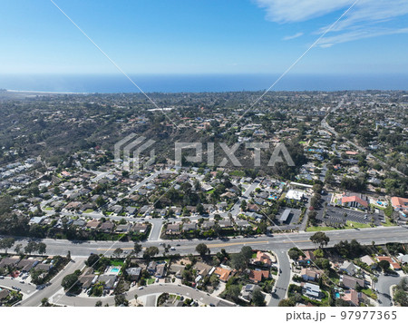 Aerial view houses in the wealthy area of Encinitas in San Diego County, California. USA 97977365