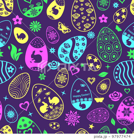 Seamless pattern of Easter eggs, multicolored on black Seamless pattern of Easter eggs, multicolored on black 97977474