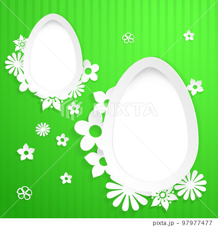 Background with eggs and paper flowers on green 97977477