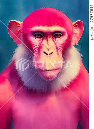 Funny adorable portrait headshot of cute Rhesus Macaque. Asian region land animal standing facing front. Watercolor imitation illustration. Vertical artistic poster. AI generated. Funny adorable portrait headshot of cute Rhesus Macaque. Asian region land animal standing facing front. Watercolor imitation illustration. Vertical artistic poster. AI generated. 97977657