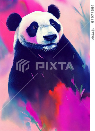 Funny adorable portrait headshot of cute giant panda. Asian region wild land animal standing facing front. Watercolor imitation illustration. Vertical artistic poster. AI generated. 97977694