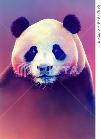 Funny adorable portrait headshot of cute giant panda. Asian region wild land animal standing facing front. Watercolor imitation illustration. Vertical artistic poster. AI generated. 97977695