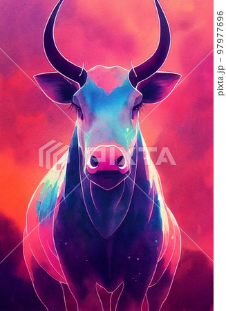 Funny adorable portrait headshot of cute gaur. Asian region wild land animal standing facing front. Watercolor imitation illustration. Vertical artistic poster. AI generated. Funny adorable portrait headshot of cute gaur. Asian region wild land animal standing facing front. Watercolor imitation illustration. Vertical artistic poster. AI generated. 97977696