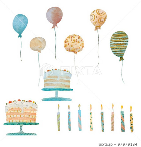 Cake candle balloon happy birthday set watercolorのイラスト素材 [97979134] - PIXTA