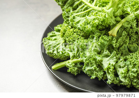 Fresh kale leaves on grey table, closeup 97979871