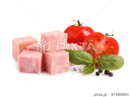 Cubes of tasty fresh ham with basil, tomatoes and pepper isolated on white 97980064