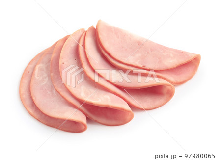 Slices of tasty fresh ham isolated on white 97980065