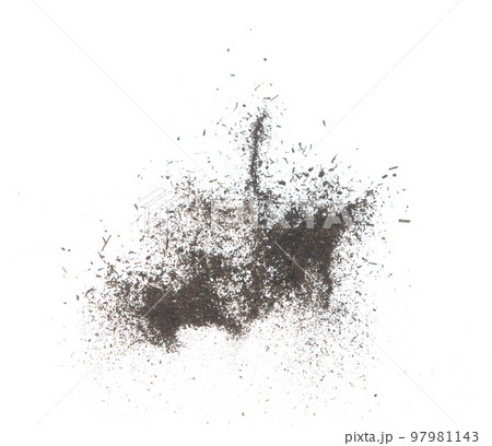Black dried leave Tea explode. Small Fine size tea leaf flying explosion, Abstract cloud fly. Brown colored Teas splash throwing in Air. White background Isolated high speed shutter, throwing freeze Black dried leave Tea explode. Small Fine size tea leaf flying explosion, Abstract cloud fly. Brown colored Teas splash throwing in Air. White background Isolated high speed shutter, throwing freeze 97981143