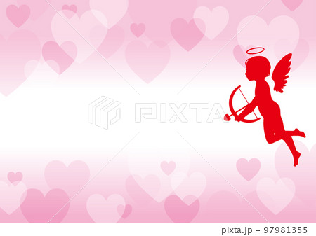 ハートの矢を射る恋のキューピッドと透明感のあるハートの背景のイラスト素材