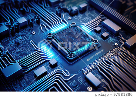 Processor on computer circuit board with microchips, generative AI 97981886