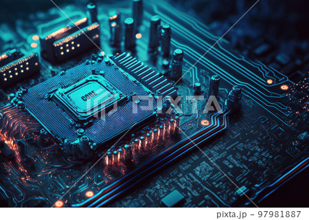 Processor on computer circuit board with microchips, generative AI 97981887