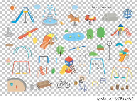 Hand-drawn illustration set of park playground equipment (color / no outline) 97982464