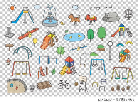 Hand-drawn illustration set of park playground equipment (color) 97982465