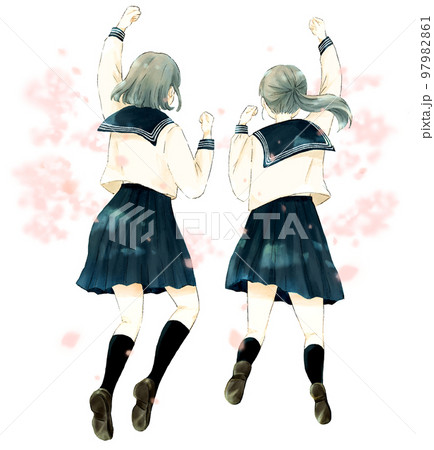 女子高生2人のジャンプする後ろ姿 桜が舞う背景のイラスト素材