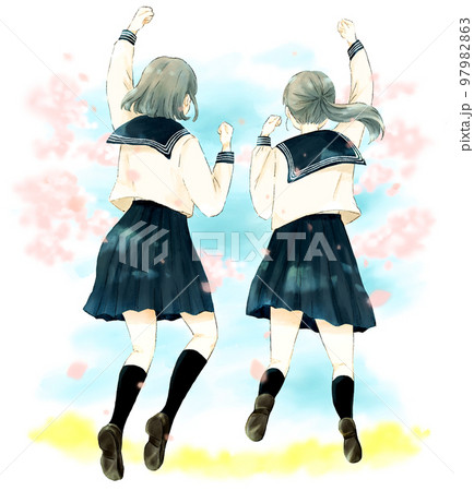 女子高生2人のジャンプする後ろ姿　青空と桜が舞う背景 97982863
