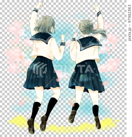 女子高生2人のジャンプする後ろ姿　青空と桜が舞う背景 97982863