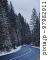 Empty windy road through the winter forest 97982911