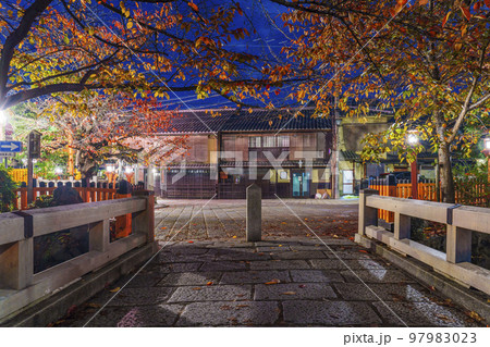 京都 風情ある祇園白川の夜景 巽橋 秋 京都 風情ある祇園白川の夜景 巽橋 秋 97983023